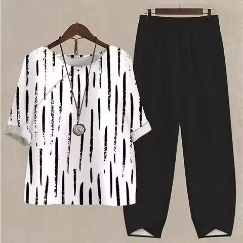 Printing Female Outfit Women Round Neck Five Quarter Sleeve Ladies Pant Suit Temperament 2 Piece Set