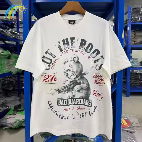 2026 Summer Cartoon Bear Print Cement White T-Shirt Tee Top Quality Cotton Oversized Yakuza Premium 