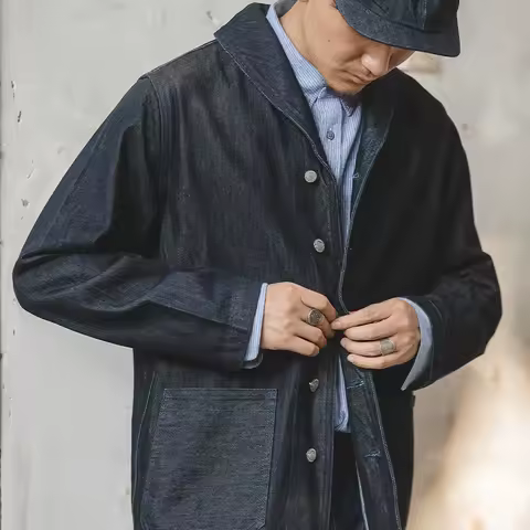 Maden Washed Denim Jackets for Men Vintage Workwear Suit Coats Cotton Solid Cattle Hunting Denim Lap