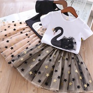 Girl Mesh Skirts Sets With Swan T-shirt Two-piece Sets Cotton Kids Summer Clothing Korean Fashion