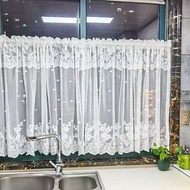 White Rose Floral Embroidery Lace Short Curtains Tiers Kitchen Valance for Doorway Rod Pocket Cabinet Flower Sheer Cafe Half Curtain Room Divider Light Filtering Voile Drape