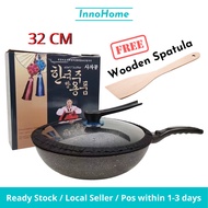 READY STOCK -32CM Big Korea Gas Electric Non-stick Cooking Wok Pan with Pot Cover Marble Stone Non S