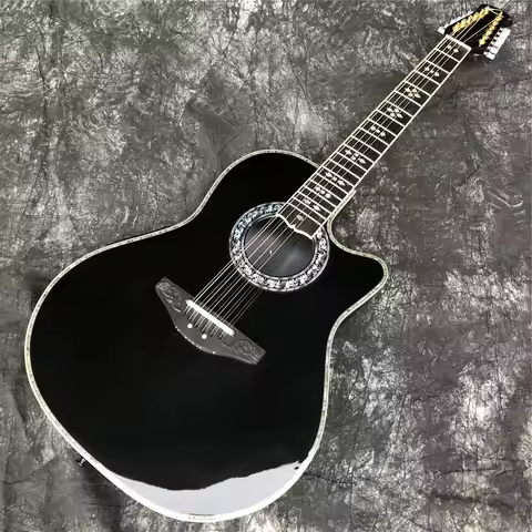 12 Strings Black Solid Spruce Acoustic Guitar Abalone Inlays Carbon Fiber Tortoise Shell Acoustic Ov