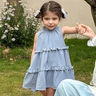 LMoss Baby Girl Woven Solid Color Round Neck Ruffle Trim Snug Fit Dress Toddler Spring Dress Kids Dr