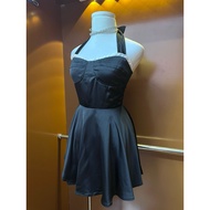COQUI black silk dress with lace trim and bust strap