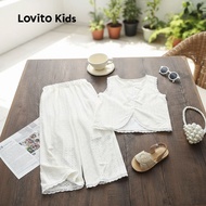 Lovito Girls Casual Bow Lace Pants Set, White Spring/Summer Kids Outfit LNL115074