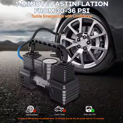 Ultra-Fast Car Tire Pump | 12V Plug-in, 5 Mins Full Inflation, Compact & Corded