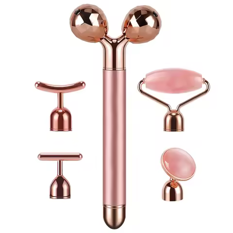 5-in-1 24K Gold Beauty Wand Face Massager Electric Vibrating Rose Quartz 3D Roller Face Lifting Body