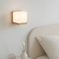 Japanese Style Square Solid Wood Glass Wall Lamp E27 Holder Replaceable LED Bulb B & Cafe Bedroom Be