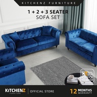 [FREE Shipping] KitchenZ Chesterfield Sofa1+2+3 Seater Sofa Set Modern Classic Sofa Velvet Fabric So