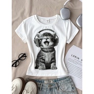 Women's Y2K Cat Fitted Crop Tee Headphones & Singing Kitten Print Crew Neck Cute Casual Top