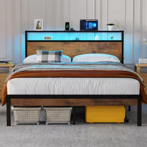 King Size Bed Frame with Headboard, King Metal Bed Frame Storage with LED Lights & Charging Station,