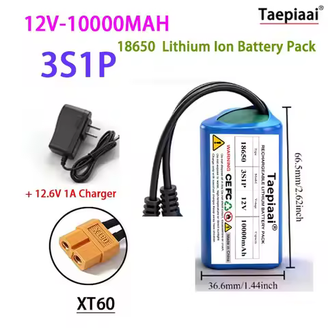 3S1P 18650 Li-Ion Battery Pack 12V 10Ah Built-in BMS Large Capacity Safe Reliable with 12.6V Charger