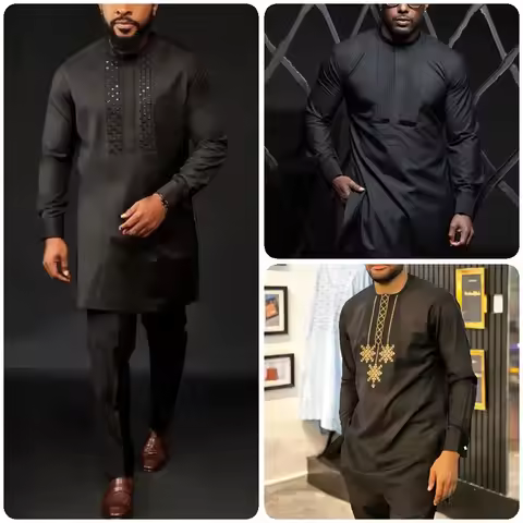 Men's New Traditional Native Wears Mens Long Sleeves Outfit Embroidered Modern Dashiki Shirt & Pants