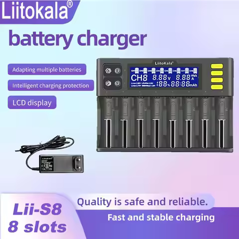 LiitoKala Lii-S8 8-Slot 18650 Battery charger Auto-Polarity Detect For 26650 21700 14500 10440 16340