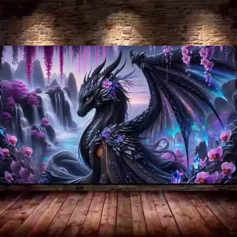 Flowers Waterfall Black Dragon Fantasy Animal Landscape DIY 5D Diamond Painting New 2025 Full Mosaic