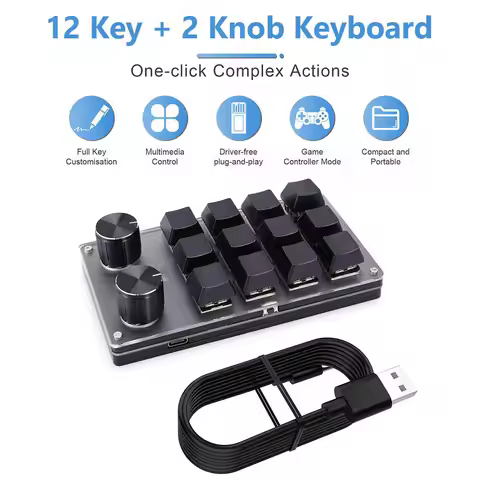12 Key 2 Knob Programming Macro Knob Keyboard Bluetooth-Compatible/Wired Copy Paste Mini Button Hots