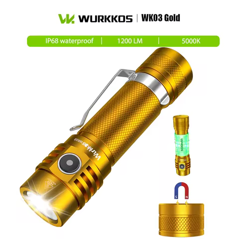 Wurkkos Golden WK03 519A High CRI Portable EDC Flashlight 1200LM IPX8 Rechargeable Torch with Magnet