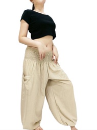 女裝 棉質褲裝 鬆緊腳踝 設計男女皆宜 長褲 鬆緊褲頭 米白色