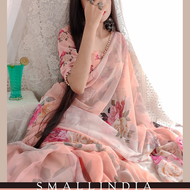 {**ส่งฟรี**} SMALL INDIA 🥻 Peach Georgette Printed Saree ชุดสาหรี 🥻 Women Saree