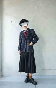 尋寶古著-DAKS學院風格紫色系格紋毛呢西裝外套