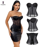 Plus Size S-Xxxl Women's Strapless Bra Bustier Black Mesh Translucent Lace Up Boned Corset Top For W