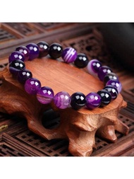 天然石頭紫色條紋玉鐲彈性手鐲,能量治療手鐲,男女珠寶禮物