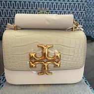 Tory Burch TB Eleanor 鱷魚紋牛皮翻蓋 雙T大Logo 鏈條方包 小號 白色