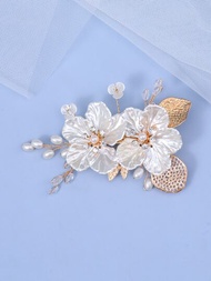 仿珍珠和花朵裝飾新娘鱷魚夾髮夾波霸風格