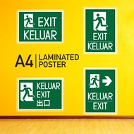 [Laminated Poster] A4 Size Papan Tanda Signage EXIT Sign / Keluar / EXIT with Arrow