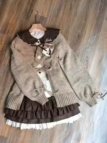 Japanese Sweet Lolita Fashion 3 Piece Set Women Aesthetic Hollow Out Sweater + Y2k Tops + Skirts Har