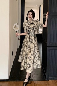 New Chinese Cheongsam Two-Piece Suit Skirt Women's Summer Fancy National Style Stand Collar Chinese Knot Button Top Mid Length Long Length Skirt