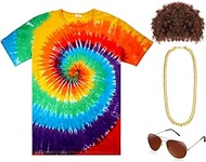 4 Pcs Hippie Costume Set for Women Men Includes Colorful Tie Dye T-shirt Hippie Wig Necklaces Sunglasses for 60s 70s Party