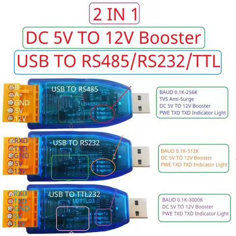 2 IN 1 5V TO 12V DC DC Boost & USB to RS485 RS232 TTL232 UART Converter WIN11 MAC LINUX MAX485 MAX23