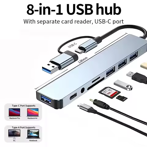 8-In-1 USB 3.0 Hub TYPE-C HUB USB C Docking Station 5Gbps Type C Multiport Adapter Type C to USB Hub