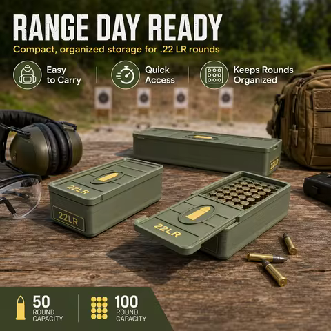 .22 LR Ammo Drawer Box, Holds 50/100 Rounds; Made of Durable Plastic, Portable and Spill-Proof.