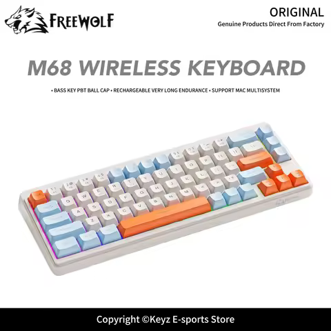 3-Mode Wireless Mechanical Keyboard FREEWOLF M68 Compact Keyboard PBT Oil-Proof Keycaps 2000mAh Batt