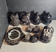 天然水晶 特大號 銀曜石 擺件 貔貅 龍龜 葫蘆 小熊 貓頭鷹 貝殼碟 擺件 家居 辦公室 風水 Natural Crystal Silver Obsidian Silver Sheen Obsidi