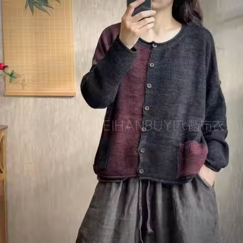 Autumn Winter Arts Style Women Long Sleeve O-neck Loose Knitting Cardigan Vintage Patchwork Design S