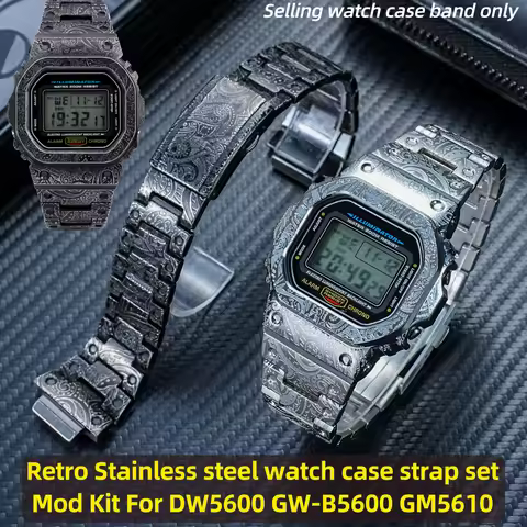 Vintage Engrave Metal Band Watchband Case For Casio DW5600 GWM5610 GWM-B5000 Stainless Steel Watch S