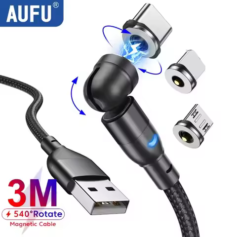 AUFU 540 Rotate USB Cable 3M Magnetic Phone Charger Data Cord USB Type C Cable Magnet Cable Micro US
