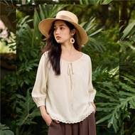 GIORDANO Women Blouses Ribbon Crewneck Lightweight Blouses Half Placket 3/4 Sleeve Lace Trim Fashion