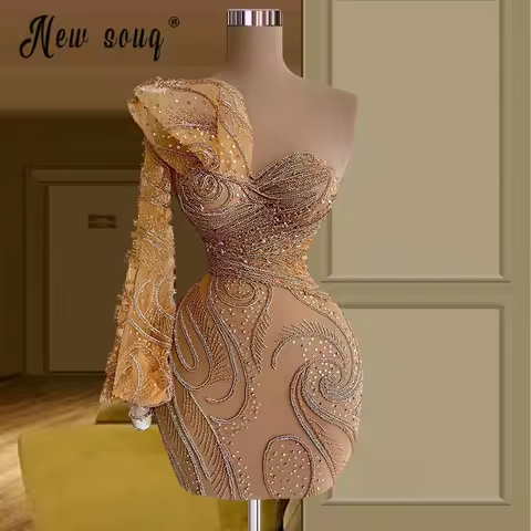 Dubai Champagne Beaded Cocktail Dress One Lantern Sleeve Sparkly Gold Short Prom Gowns Women Luxury 