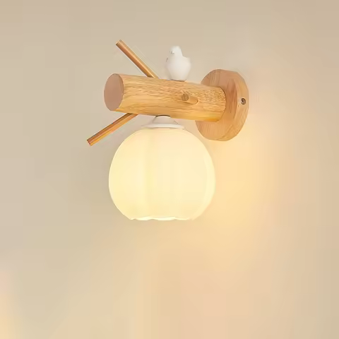 Wooden Bird Wall Lamp With White Glass Lampshade Bedroom Bedside Wall Sconce E27 Luminaire Rotatable