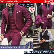 เบอร์กันดีหนายืดสูทผู้ชายเจ้าบ่าวสลิมฟิต3ชิ้น Tuxedo พรหมชุดแต่งงานเสื้อแจ็คเก็ต + กางเกง + เสื้อกั๊