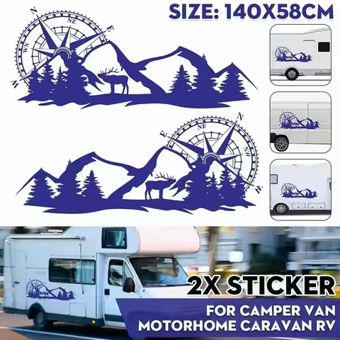 2Pcs Styling Decal Large Compass Navigation W/Mountain Deer Car Stickers for Camper Van Motorhome Au