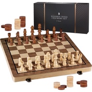 [sgstock] 15" Wooden Chess Sets - Chess &amp; Checkers Board Game | with 2 Extra Queens | Wooden Chess Set | Chess Board Set