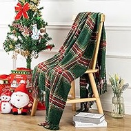 Quinnsus Christmas Throw Blanket | Soft Lightweight Green Plaid Christmas Throw Blankets | Faux Cashmere Checkered Blanket with Tassels for Christmas Home Decoration (50"x60")