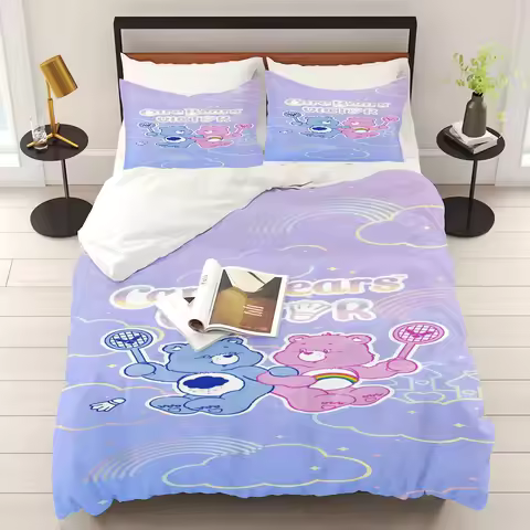 MINISO-Care Bears Cartoon Duvet Cover Rainbow Bear Printed Children 3-Piece Set Comforter Bedding Se