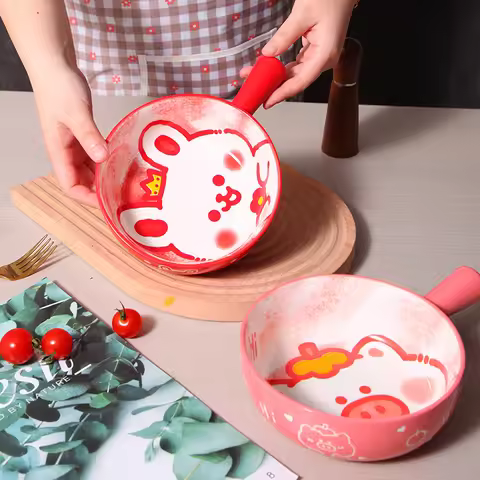 Ceramic baking tray bowl, cute cartoon pattern handle bowl, 580ml/19oz baking bowl, oven, air fryer 